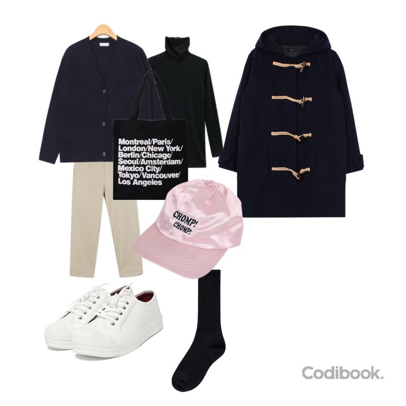 daily monday Warm basic banding slacks,AIN V-neck pocket wool cardigan (4 colors),NEW NEED NOW 심플 폴라(3color)등을 매치한 코디
