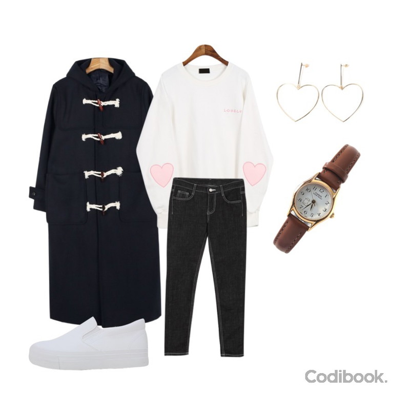 Dailyco 러블리하트맨투맨-mtm,daily monday Long duffle wool coat,BANHALA 스티치 팬츠등을 매치한 코디