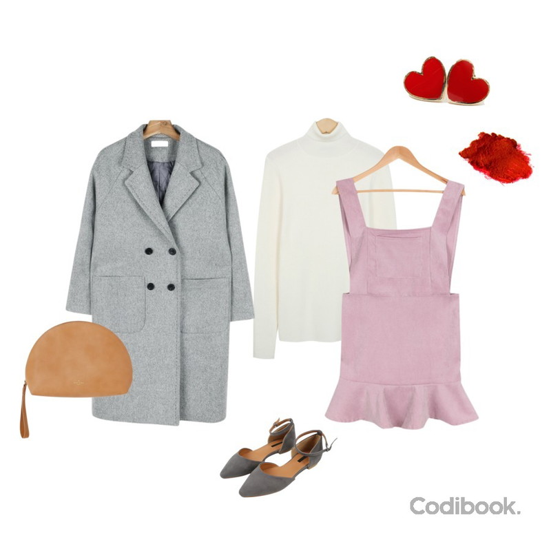 From Beginning Citrus golgi turtle-neck knit_M (size : free),From Beginning Solid heart earring_M (size : one),BULLANG GIRL 로망스프릴원피스등을 매치한 코디