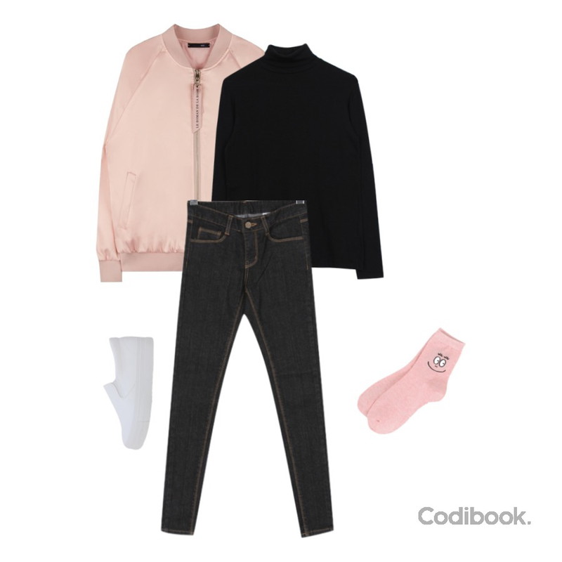 MIXXMIX Silky Roman Blouson(Pink),biznshoe Tencel turtle-neck tee (5color),BULLANG GIRL 굿라인생지스키니P등을 매치한 코디
