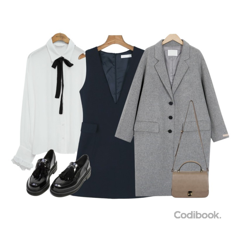 From Beginning Mild single handmade coat_K(size : free),common unique [TOP] RIBBON FRILL BLOUSE,daily monday Deep v-neck flare one-piece등을 매치한 코디