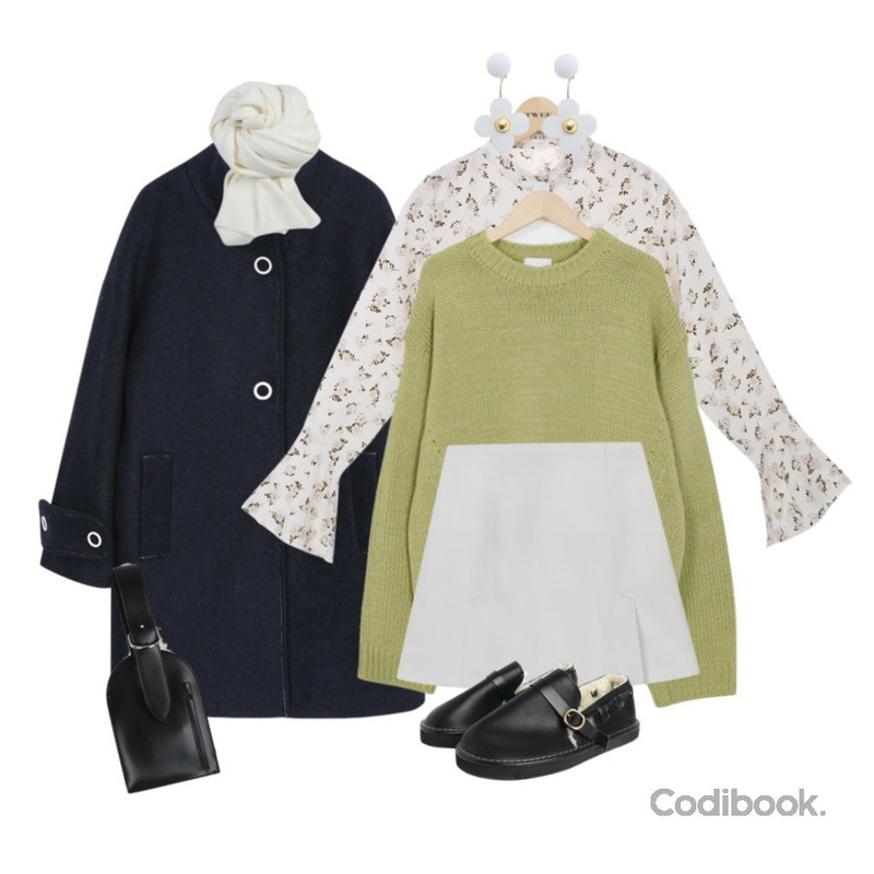 myblin 링버튼 울 하이넥 코트,TWEE flower wide sleeve blouse,From Beginning Pit-a-pat back slit knit_H (size : free)등을 매치한 코디