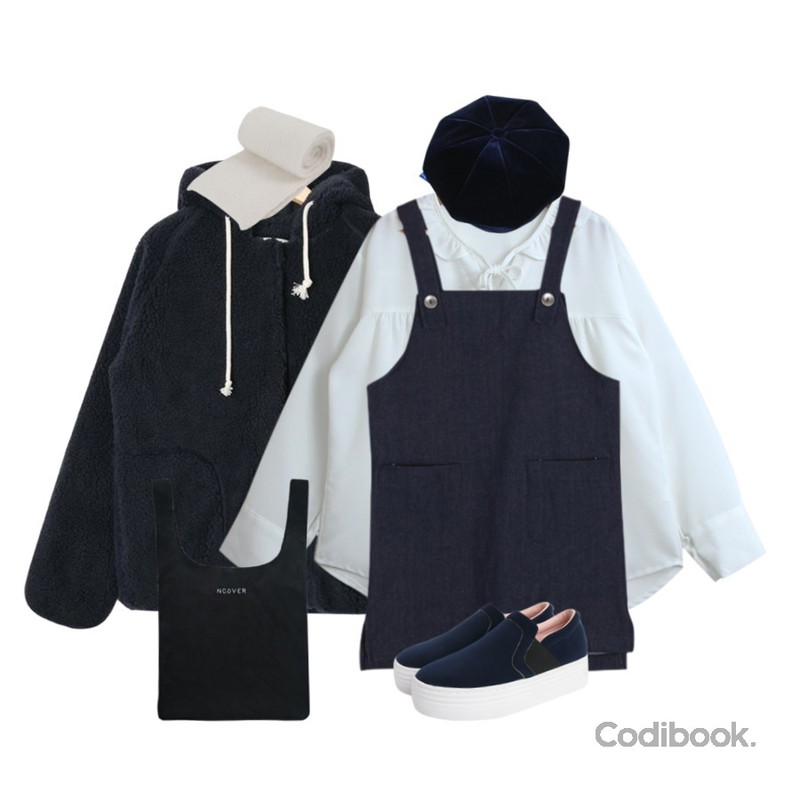 AIN dumble hoody jumper (2 colors),TODAY ME 샐먼 블라우스,BULLANG GIRL 톡톡데님멜빵원피스등을 매치한 코디