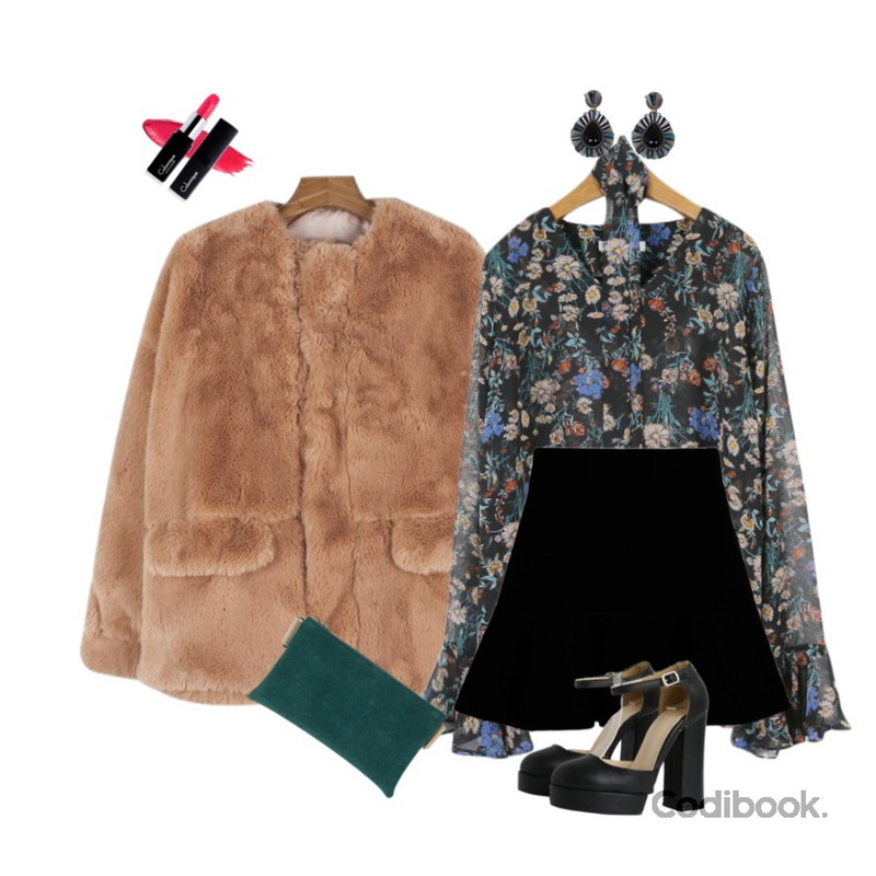 daily monday Soft fake fur jacket핑크 02/03 입고예정,BANHALA 애플립 스커트,MINIBBONG 설렘 꽃블라우스 (타이세트로 다양하게 연출하기좋아요♥)등을 매치한 코디