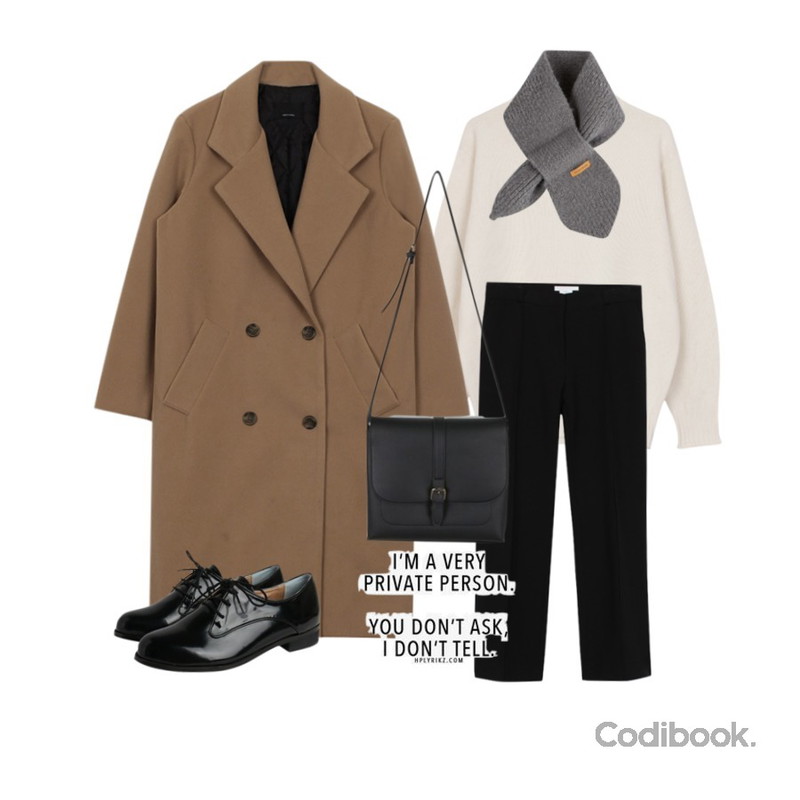 biznshoe Double button long coat (3color),biznshoe Pintuck slacks (2color),biznshoe Boxy turtleneck knit (4color)등을 매치한 코디