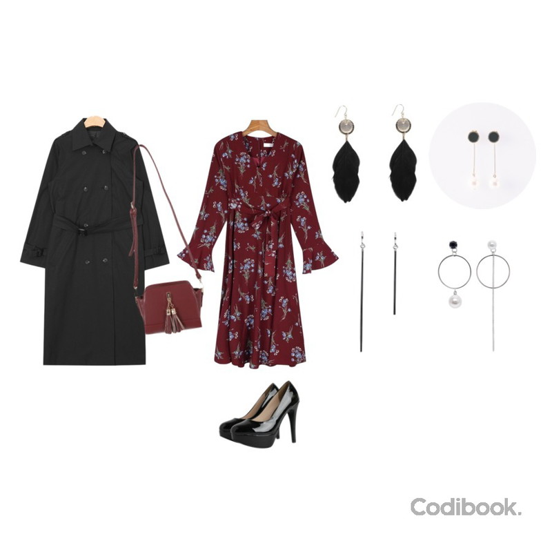 TWEE 흑조 earring,AIN classic mood light trench coat (2 colors),daily monday Scarf set flower one-piece등을 매치한 코디