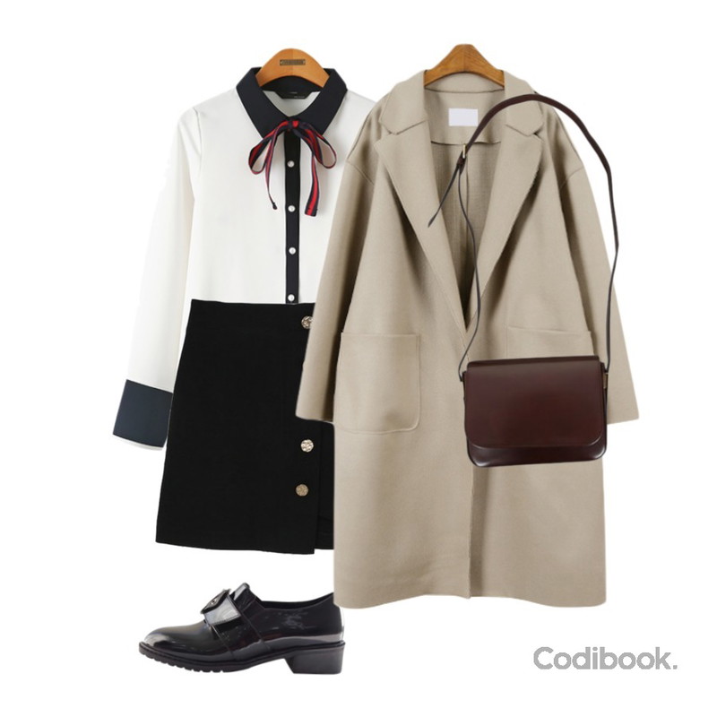 Zemma World Gold-언발스커트,Reine 듀플 배색 리본 블라우스,LOVELY SHOES 아르뒤노 로퍼 3.5cm등을 매치한 코디