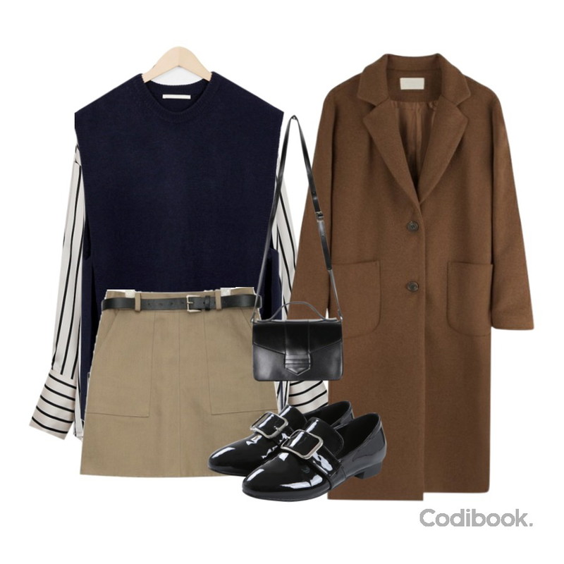 From Beginning Mood silk stripe blouse_K(size : free) ,From Beginning Strap open knit vest_K(size : free),AIN out pocket half-banding skirt (2 colors)등을 매치한 코디