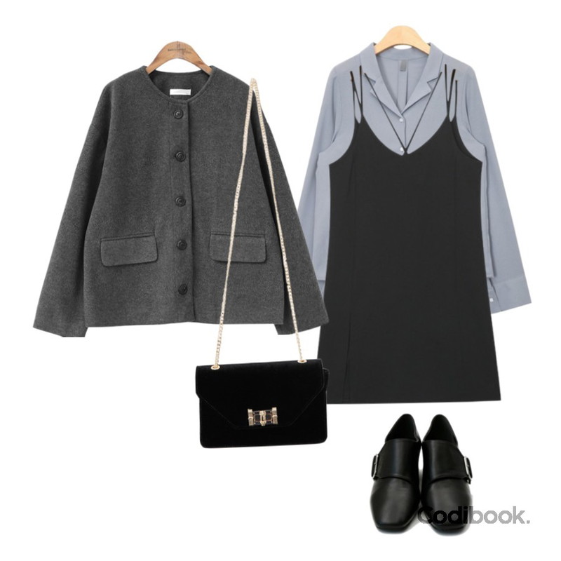 common unique [OUTER] ROUND NECK SHORT COAT,AIN one side slit cross strap ops (2 colors),AIN V-collar silky blouse (3 colors)등을 매치한 코디
