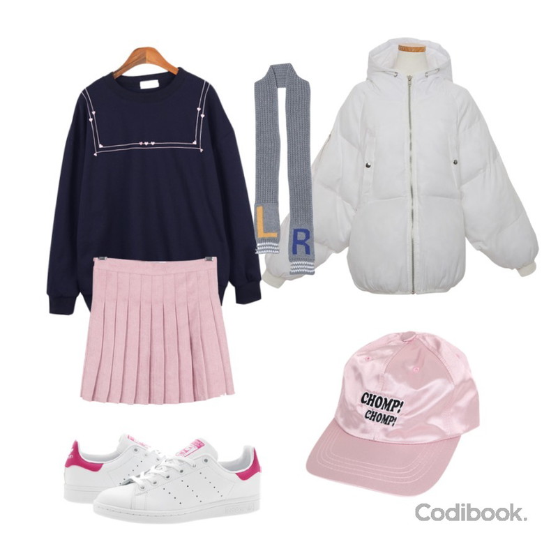 BULLANG GIRL 세무테니스SK,BANHALA 러브라인 맨투맨,Player 아디다스 스탠 스미스 J 화이트핑크 (STAN SMITH J WHT/BPNK)등을 매치한 코디
