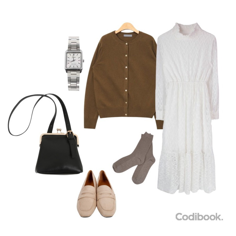 myblin 멜란지 골지 양말  (7color),MIXXMIX 셔링 레이스 원피스,AIN plain wool round knit cardigan (5 colors)등을 매치한 코디