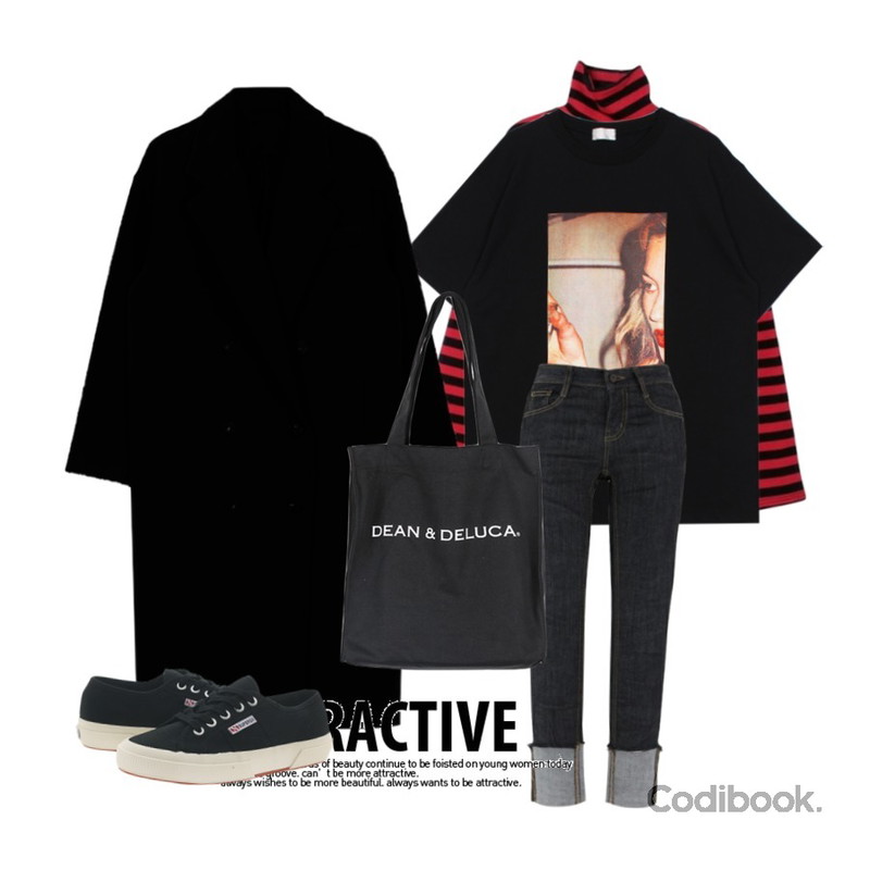 biznshoe Oversize long coat (4color),biznshoe Muse printing tee (2color),DORA 단가라목폴라T등을 매치한 코디