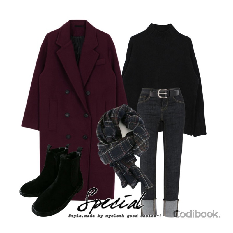 biznshoe Oversize long coat (4color),biznshoe Wool half neck knit (4color),MIXXMIX 9038 기모 롤업 데님팬츠등을 매치한 코디