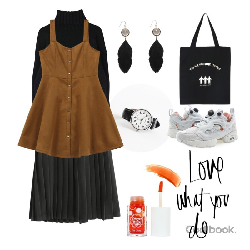 daily monday Casio white stitch watch,TWEE 흑조 earring,common unique [SKIRT] BASIC PLEATS LONG SKIRT등을 매치한 코디