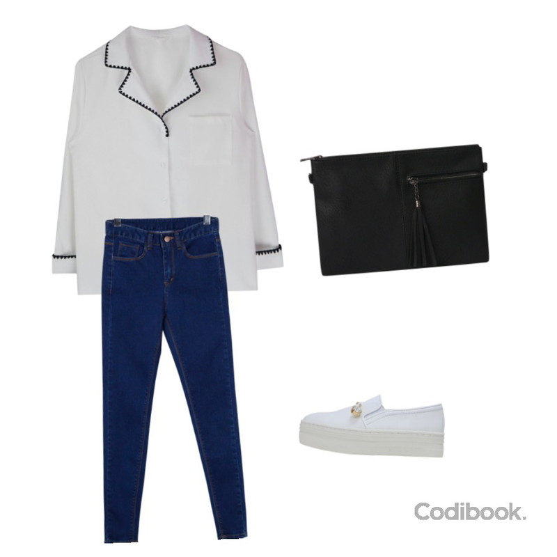 LOVELY SHOES [천연가죽] 프레데릭 슬립온  3.5cm,From Beginning Plan denim skinny pants_B (size : 25,26,27,28,29,30),MIXXMIX 앤티 카라 블라우스등을 매치한 코디
