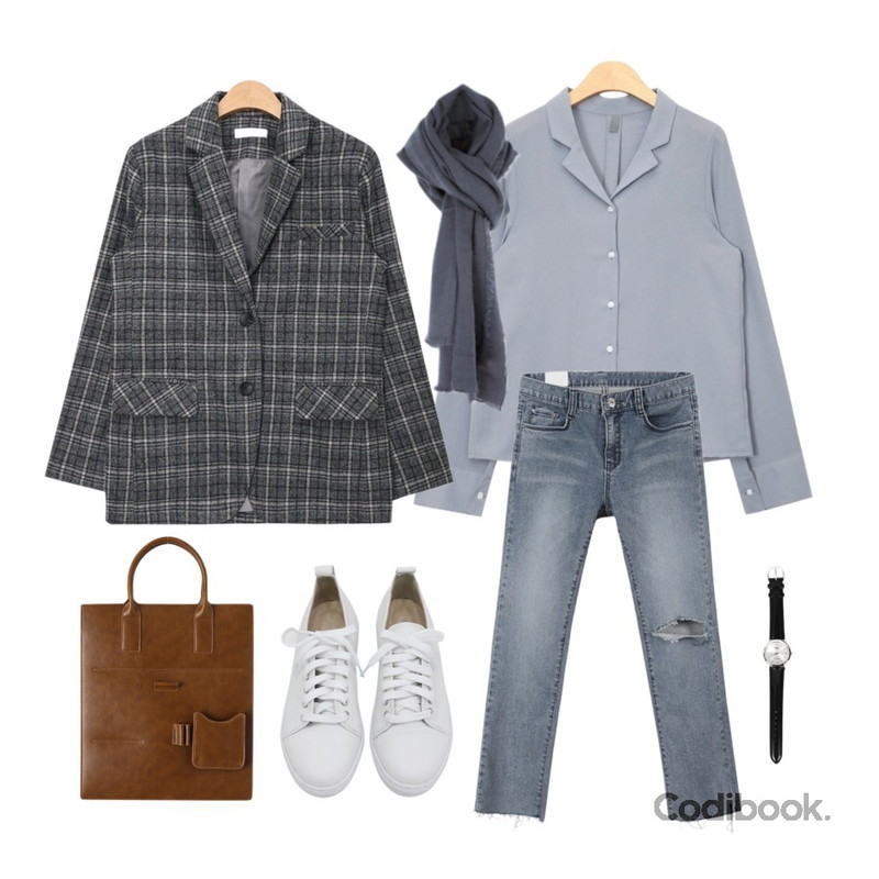 MINIBBONG 허쉬 일자팬츠 (160cm 9부 · 빈티지하게 바랜듯한 톤이 멋스러워요),AIN vintage check pattern jacket (2 colors) ,AIN V-collar silky blouse (3 colors)등을 매치한 코디