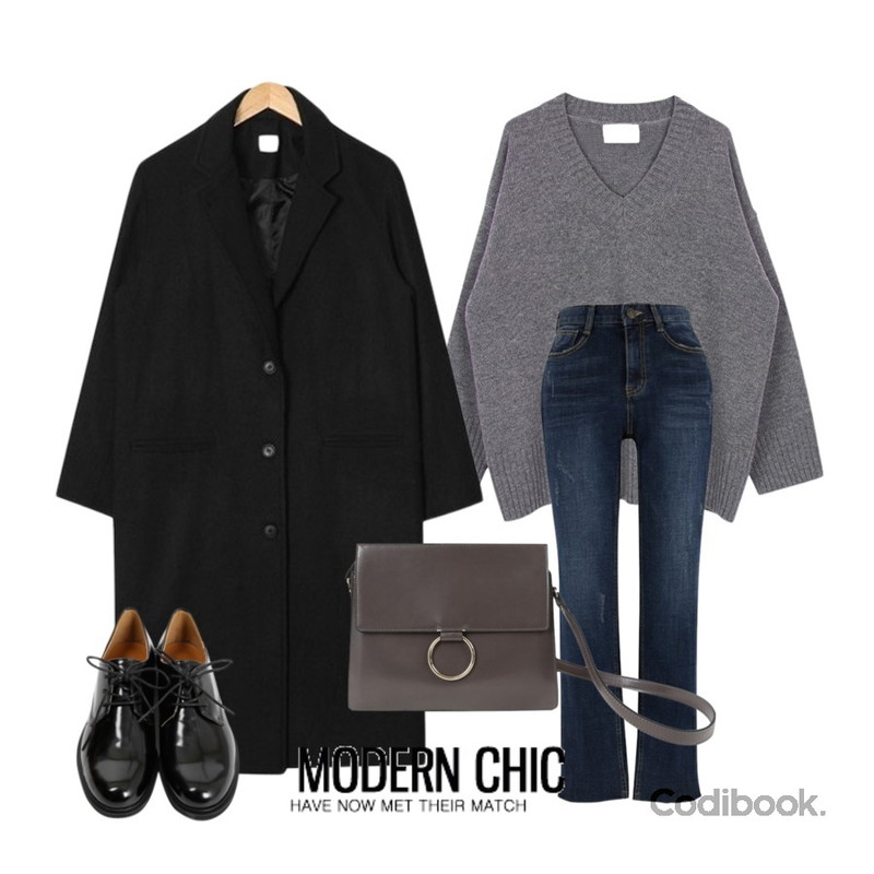 biznshoe Boxy v-neck knit (3color),AIN side slit 3 button long coat (2 colors),MIXXMIX 190 다우닝 기모 데님등을 매치한 코디