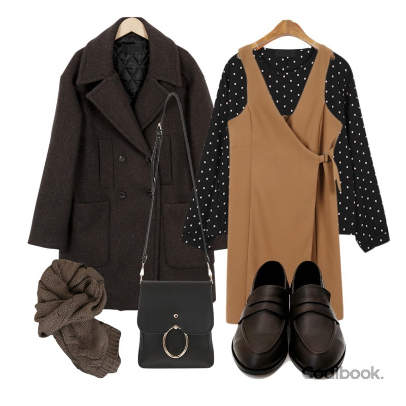 From Beginning Mild pocket pea coat_K(size : free) ,MINIBBONG 리움 랩원피스 (깔끔하고 고급스러운 무드. 추천!),BANHALA 소소한행복 블라우스등을 매치한 코디