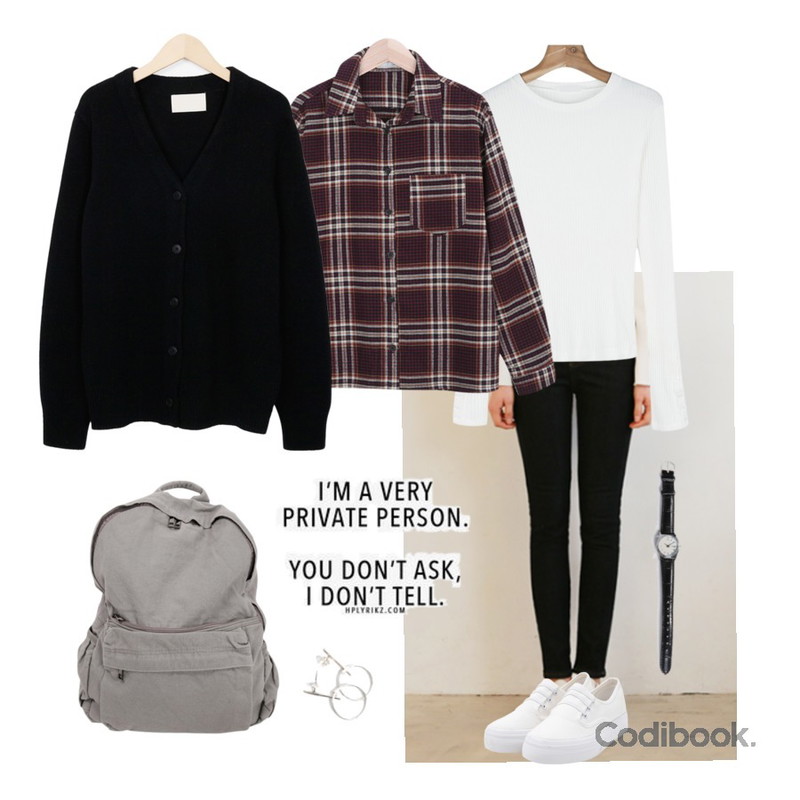 daily monday Napping winter denim skinny,myblin 스타일 코튼 체크 셔츠,daily monday Wide sleeve button golgi tee등을 매치한 코디