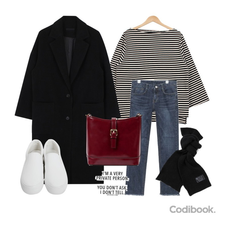 biznshoe Maxi long coat (4color),biznshoe Off-shoulder stripe tee (2color),AIN cutting hems slim straight fit pants (2 colors)등을 매치한 코디