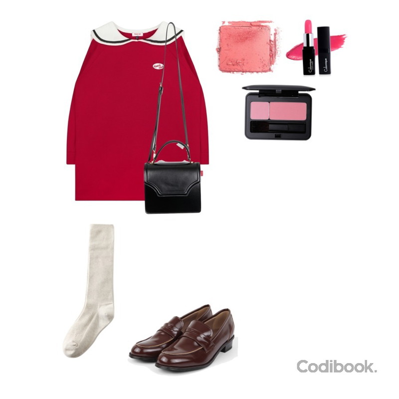 AIN classic two type loafer (6 colors),Reine 마농 베이직 니삭스,MIXXMIX Heart Sailor Dress (Red)등을 매치한 코디