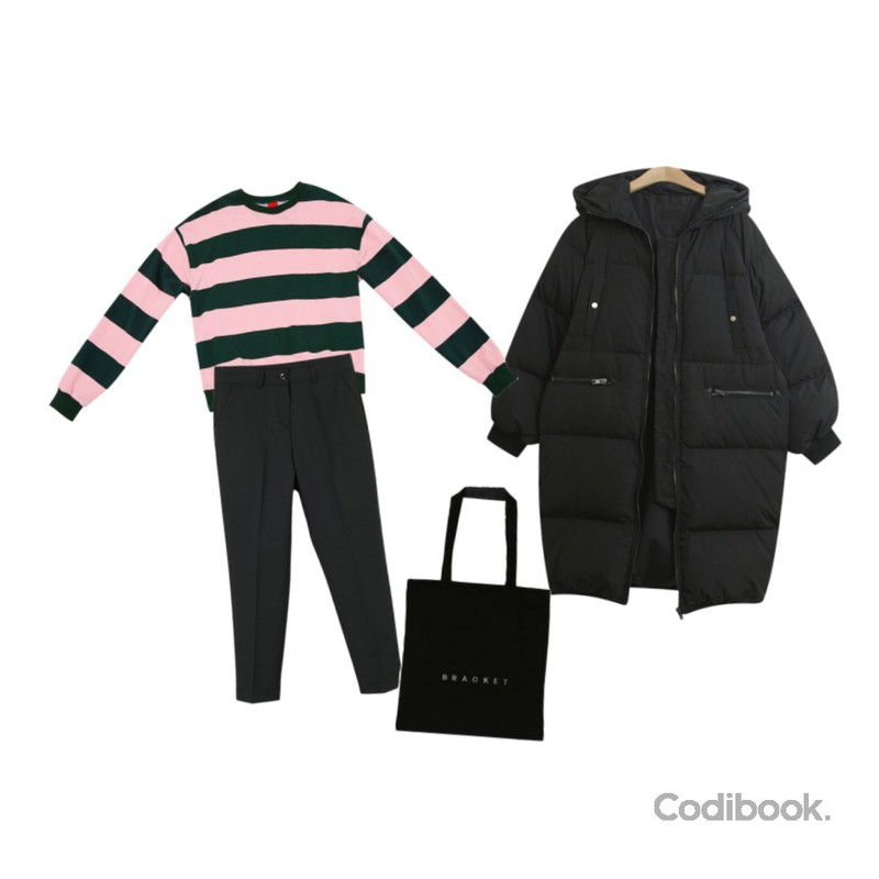 TWEE 루즈 빠삐용 맨투맨 mtm,TODAY ME 지키리 오리털 롱패딩,LOOK CHIC daily slacks (2 color)등을 매치한 코디