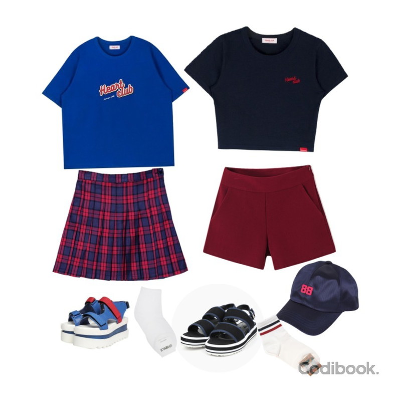 DORA 페레로#주름SK,MIXXMIX Heart club 16SC Heart span crop top(Navy),MIXXMIX Heart club 16SC Heart color logo top(Blue)등을 매치한 코디