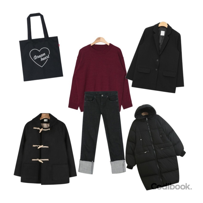 AIN basic round neck boxy knit (5 colors),AIN marant 2-button jacket (2 colors),daily monday Raw black roll-up denim등을 매치한 코디