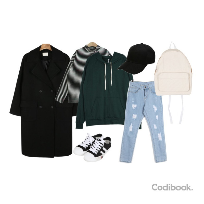 IM3 무지 포켓 후드,daily monday Wool double loose coat,TODAY ME 볼리 단가라티등을 매치한 코디