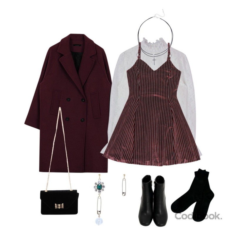 TWEE 내가 먼저 벨벳 ops,biznshoe Raglan coat (3color),MIXXMIX 시스루 레이스 블라우스등을 매치한 코디