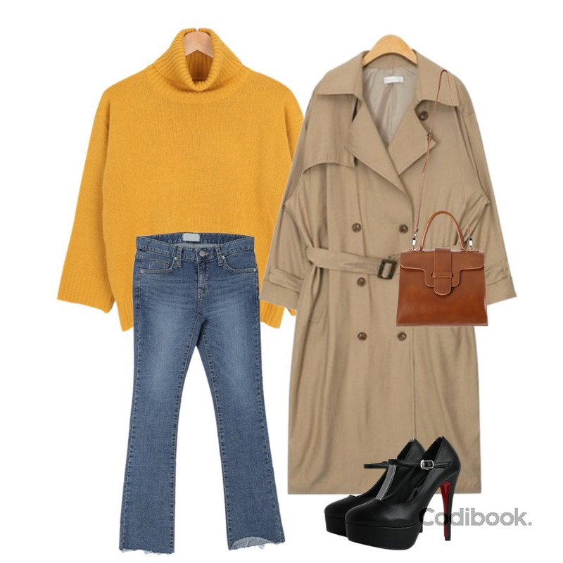 BULLANG GIRL 허쉬터틀넥니트(블랙/머스 당일출고),AIN maxi long square belt trench coat (3 colors),DORA 라인일자컷P등을 매치한 코디