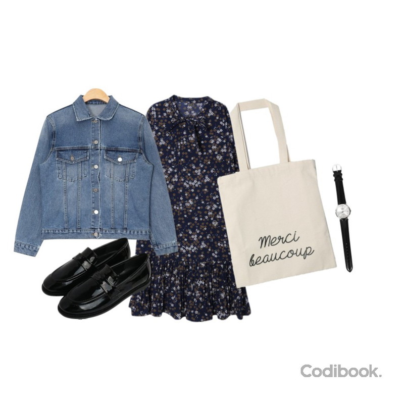 Monobabie [RL2006] 르노프1cm,AIN casual vintage daily denim jacket,DORA 어썸플라워OPS등을 매치한 코디