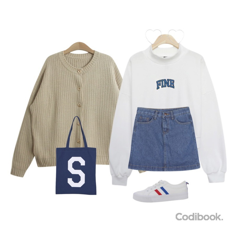 TODAY ME 앨버트 하찌 가디건,IM3 허니템 데님스커트,LINDA GIRLS 밍디 크롭 맨투맨 (3color)등을 매치한 코디