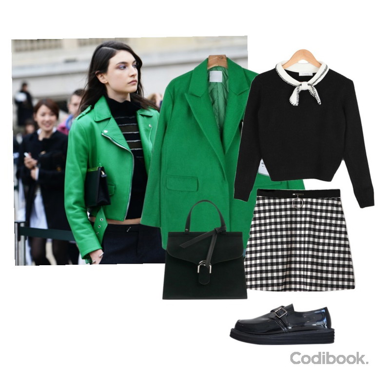 street fashion,BULLANG GIRL 리본장식니트,daily monday Lettering patch wool jacket등을 매치한 코디