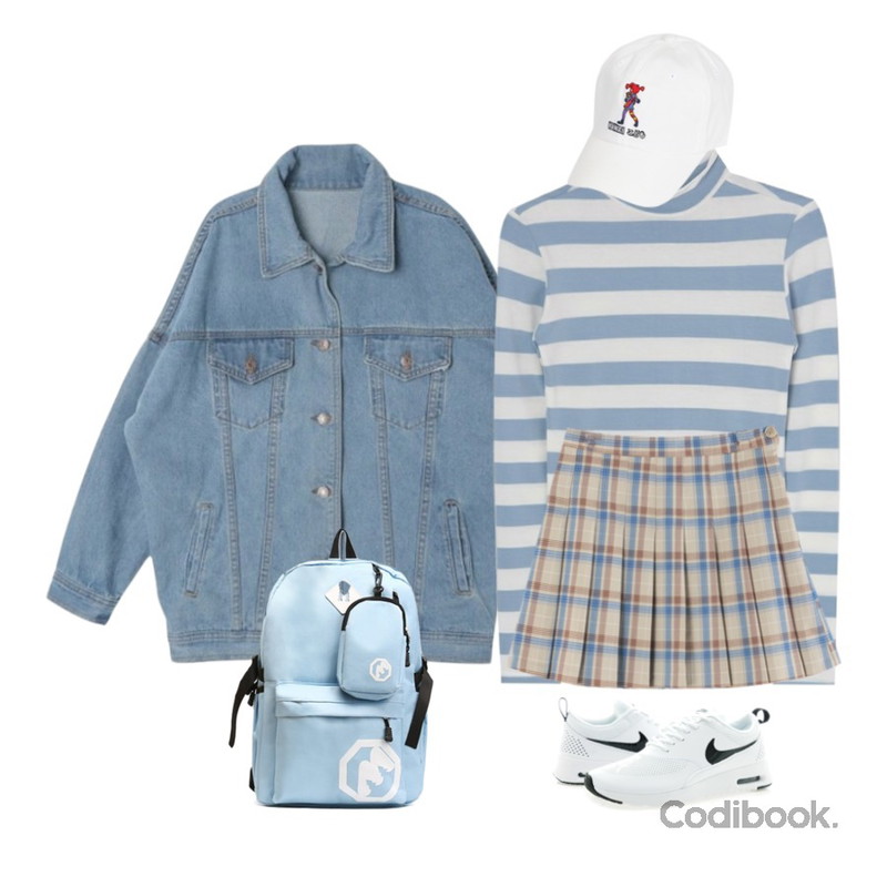 LINDA GIRLS 로미 체크 테니스 스커트 (3color),DORA 루즈핏데님자켓,MIXXMIX 코이 스트라이프 티셔츠등을 매치한 코디