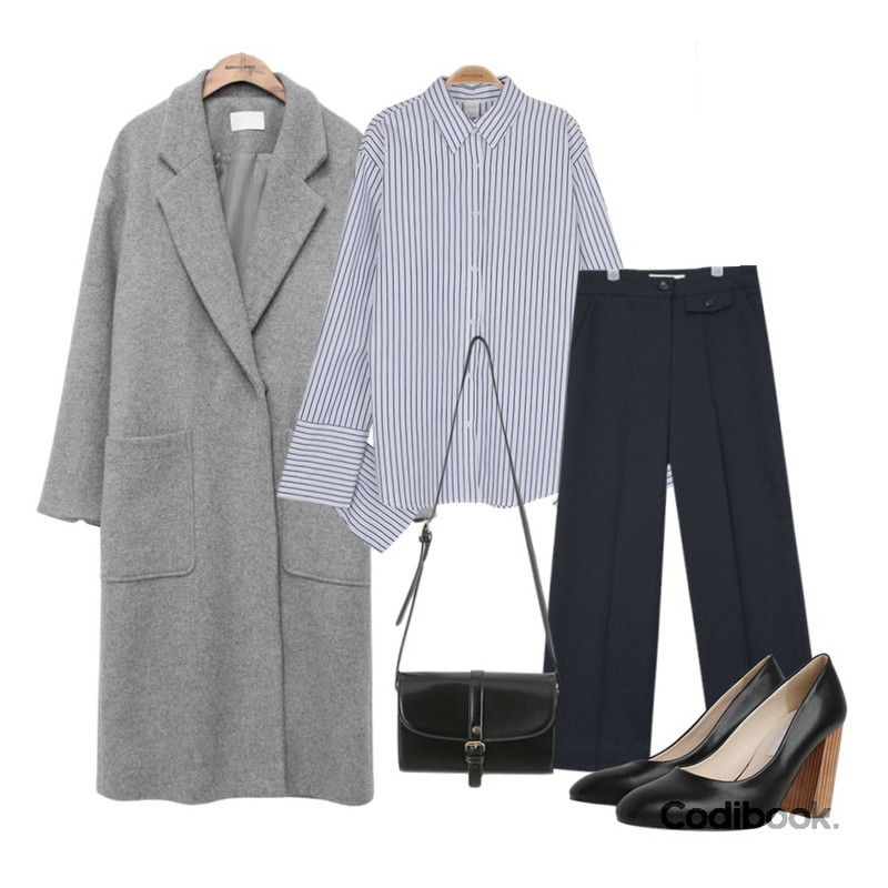 common unique [OUTER]  ROLL-UP HIDDEN WOOL LONG COAT,IM3 플라이 빅커프스셔츠,AIN waist pocket point straight fit slacks (2 colors)등을 매치한 코디