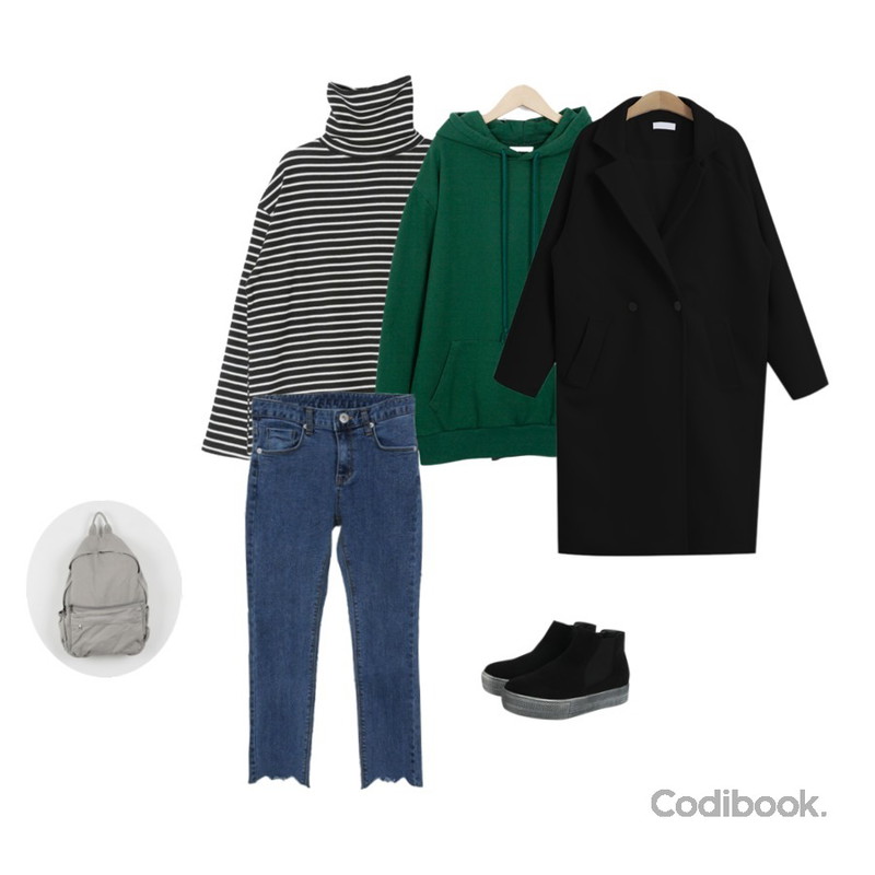 DORA 도톰단가라폴라T,From Beginning Ade boxy hood mtm_K(size : free) ,Zemma World Wave-크롭스키니 등을 매치한 코디