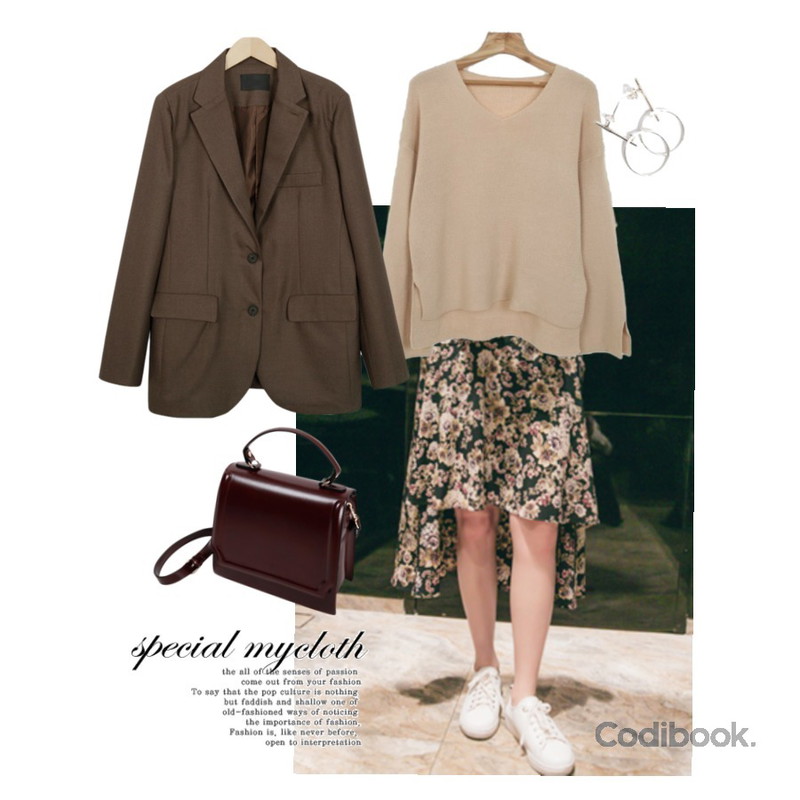 Zemma World Field-브이넥니트,CHLO.D.MANON 꽃송이 언발 스커트,From Beginning Line 2 button simple jacket_B (size : free)등을 매치한 코디