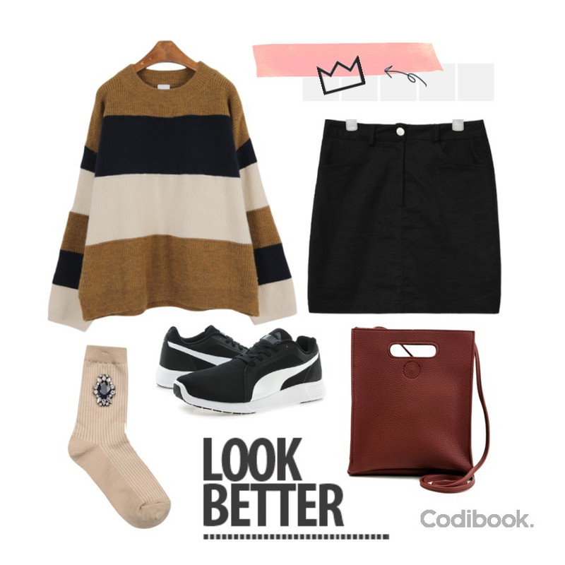 21,AIN basic span skirt pants (2 colors),MINIBBONG 모나리자 울니트 (매력적인 컬러감! 핏이 정말 예뻐요♥)등을 매치한 코디