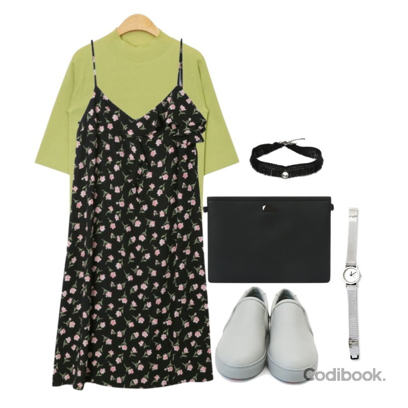 daily monday Standard slip-on,DORA 프릴스윗OPS,AIN sleeve slit half-neck 1/2 knit (2 colors)등을 매치한 코디