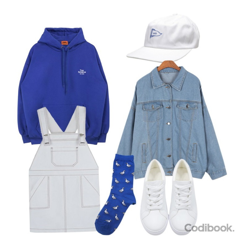 DORA 앤드캡,MIXXMIX ONLY MIX  Denim stitch overall,MIXXMIX 트루로맨스 기모 후드등을 매치한 코디