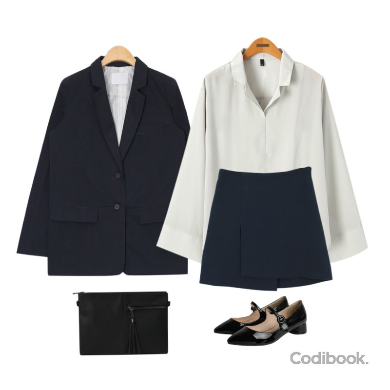 Reine 아비앙또 와이드 새틴 블라우스,AIN basic design cotton jacket (3 colors),LOOK CHIC modern unbalance skirts (2 color)등을 매치한 코디