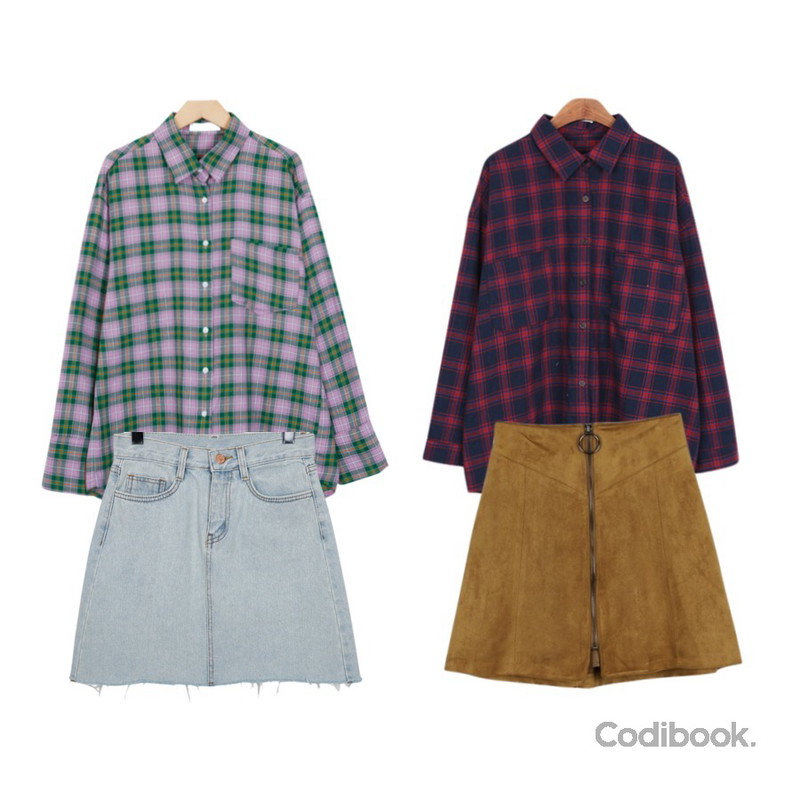 From Beginning Spring check cotton shirts_B (size : free),BANHALA 디어 체크남방,From Beginning Ice cutting denim skirt_S (size : S,M,L)등을 매치한 코디