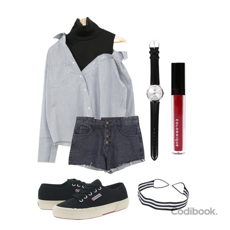 common unique [BOTTOM] CUT 4-BUTTON SHORTS,COLORNIQUE burgundy wine,PSYCHOSHOP 콤비 폴라 셔츠(4colors)등을 매치한 코디