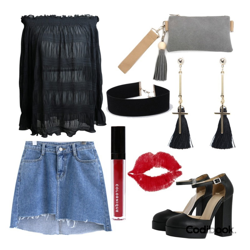 Monobabie [RP1575] 디에즈11.5cm,common unique [SKIRT] UNBAL 3COLOR DENIM SKIRT,LOVABLE 웨딩 오프숄더 블라우스 (2color) 등을 매치한 코디