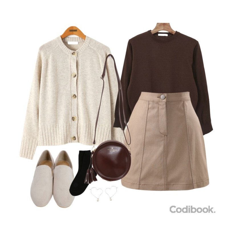 Reine 마리지 소프트닝 니트 가디건,CHLO.D.MANON 카치온 스티치 스커트,Zemma World Walnut-라운드니트등을 매치한 코디