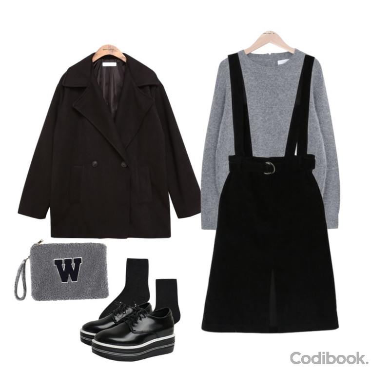 DORA 멜빵골덴SK,myblin 뒷 버튼 앙고라 니트 (4color),common unique [OUTER] BIG COLLAR DOUBLE COAT등을 매치한 코디
