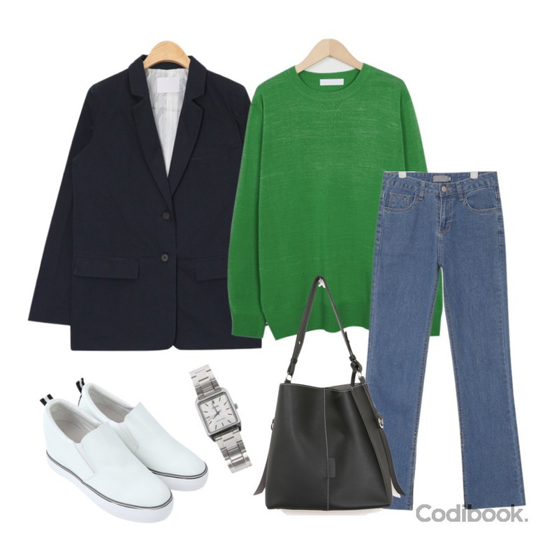 From Beginning Joy soft round knit_K(size : free) ,AIN basic design cotton jacket (3 colors),AIN inside slit straight fit denim pants등을 매치한 코디