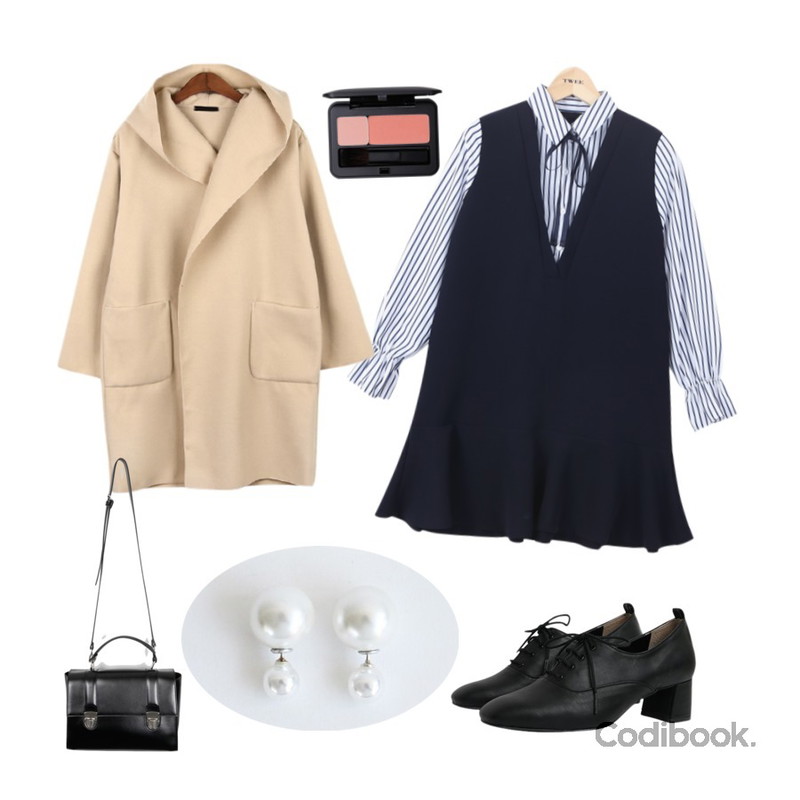daily monday Silver big pearl point earring(silver 925),BANHALA 마이디바 코트,TWEE layered flare shirts onepiece등을 매치한 코디