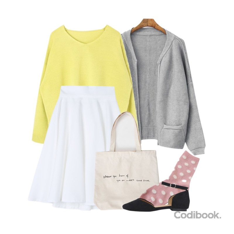 LINDA GIRLS 허니 가디건 (3color),MIXXMIX 테니 브이 니트,TWEE Flare banding midi skirt등을 매치한 코디